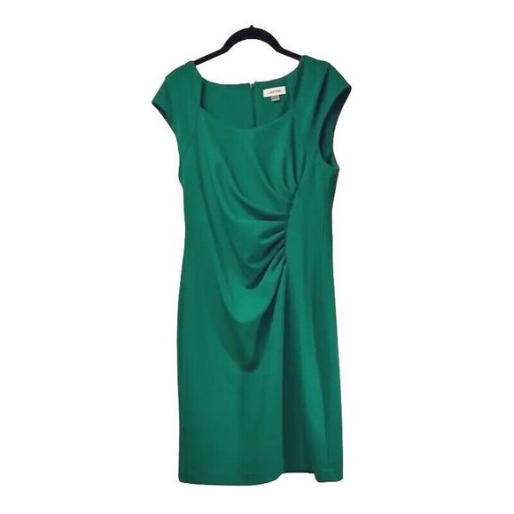 Calvin Klein Dress Womens Sz 10 Green Cap Sleeve Ruched Sheath Fitted Stretch - Picture 1 of 12